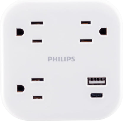 Philips EZFit 3-Outlet Surge Outlet Extender with USB, 1 USB-A, 1 USB-C, Adapter Spaced, Charging Station, 12W, 980 Joules, White - SPP9393W/37