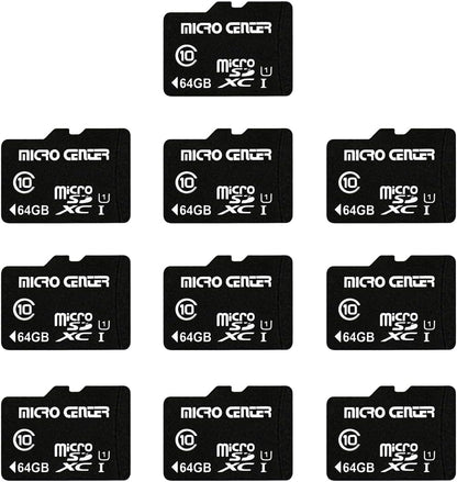 Micro Center 64GB Class 10 MicroSDXC Flash Memory Card 10 Pack with Adapter for Mobile Device Storage Phone, Tablet, Drone & Full HD Video Recording - 80MB/s UHS-I, C10, U1 (10 Pack)