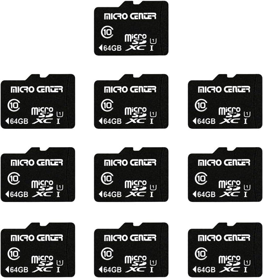 Micro Center 64GB Class 10 MicroSDXC Flash Memory Card 10 Pack with Adapter for Mobile Device Storage Phone, Tablet, Drone & Full HD Video Recording - 80MB/s UHS-I, C10, U1 (10 Pack)