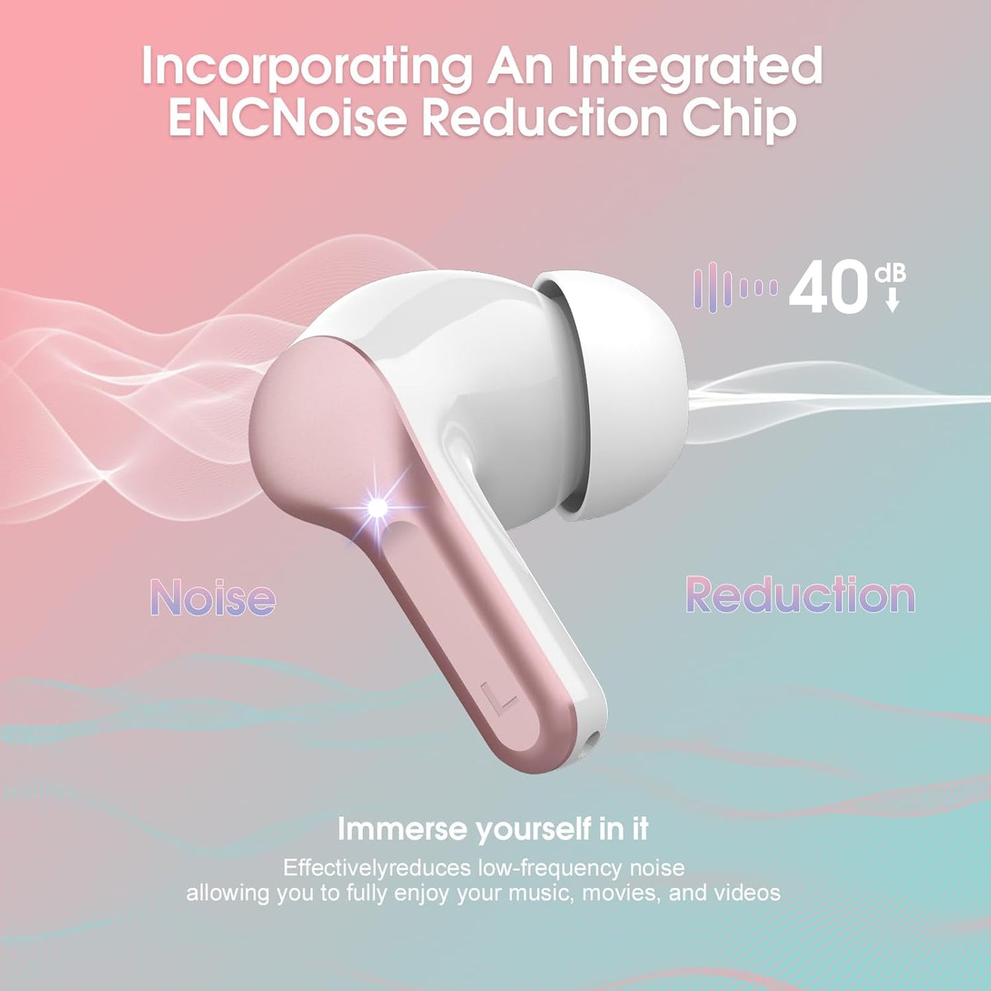 Wireless Earbuds, Bluetooth 5.4 Headphones HiFi Stereo, Bluetooth Earbuds with ENC Noise Cancelling Mic, IP7 Waterproof in Ear Earphones, 48H, LED Display Ear Buds for Pad Workout Sports, Rose Gold