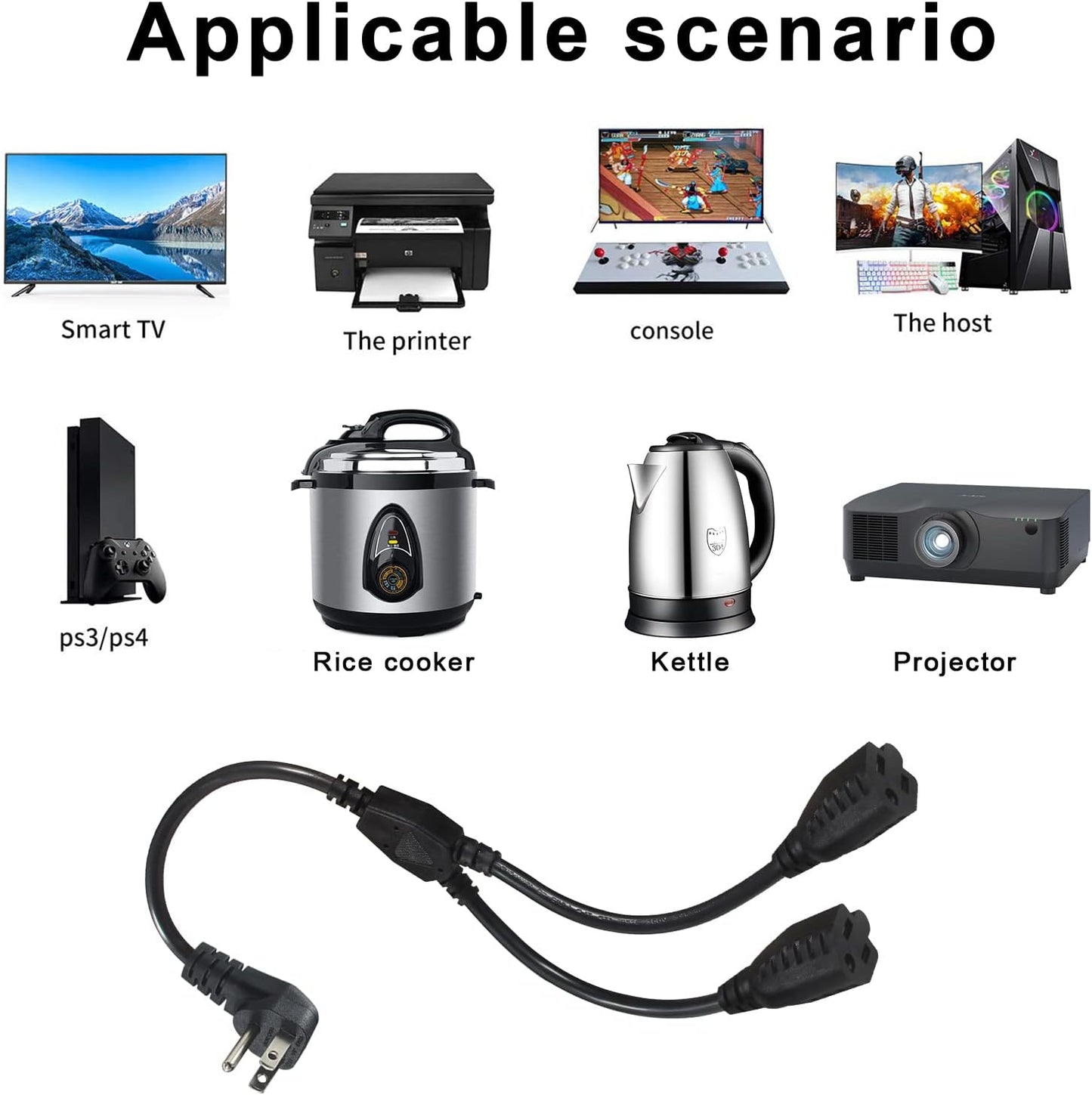 Power Cord Extension Y Splitter - 1 to 2 Way Outlet Adapter NEMA 5-15P 90-Degree Flat Plug to 2 X NEMA 5-15R with SJT 16AWG 3-Prong Cable Wire Extender Space Saver for Home Office Appliance 2-Pack