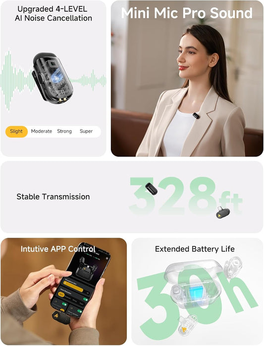 MAONO WAVE T1 Mini Wireless Lavalier Microphone for iPhone Android Tablet PC with Noise Cancellation, AI Voice Filter, 30H Used with Charging Case, USB-C/Lightning Plug for Video Recording Vlog TikTok