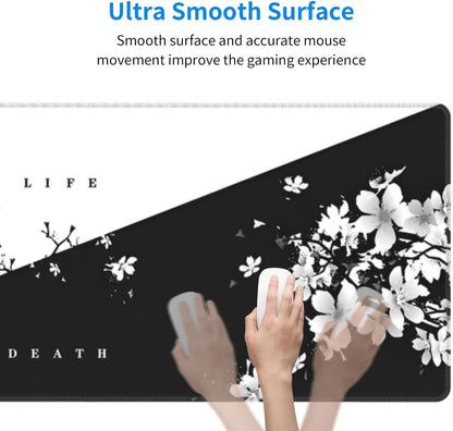 Japanese Life Death Keyboard Mat, Black White Japanese Anime Gaming Mouse Pad for Desk with Anti-Slip Rubber Base and Stitched Edges, Japanese Sakura Pagoda Sun Mouse Pad