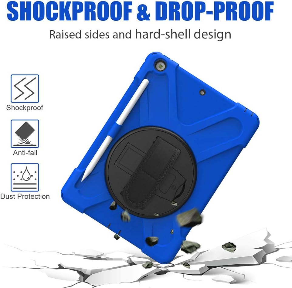 ZenRich Shockproof Case for iPad 9th/8th/7th Generation 10.2 inch 2021/2020/2019, Heavy Duty Rugged Case with Pencil Holder/360° Rotating Kickstand/Handle/Carrying Strap, Blue