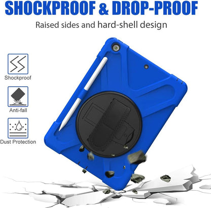 ZenRich Shockproof Case for iPad 9th/8th/7th Generation 10.2 inch 2021/2020/2019, Heavy Duty Rugged Case with Pencil Holder/360° Rotating Kickstand/Handle/Carrying Strap, Blue