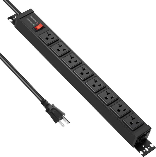 JUNNUJ 20 Amp Power Strip Surge Protector 4800J, Heavy Duty 8 Outlet Metal Multi Angle Mount, 20A Garage Power Strip Shop 6-20R T-Slot, 5-15P Plug 12 Gauge Extension Cord 15ft for Appliance