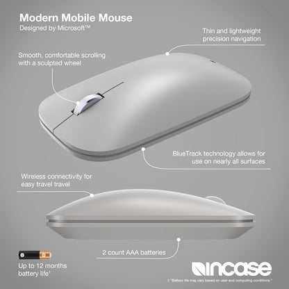 Incase Modern Mobile Mouse – Designed by Microsoft – Lightweight, Precision Navigation, Right/Left Hand Use, Scroll Wheel, BlueTrack Technology, Wireless Bluetooth for Mac/Windows/8/10/11 (Platinum)