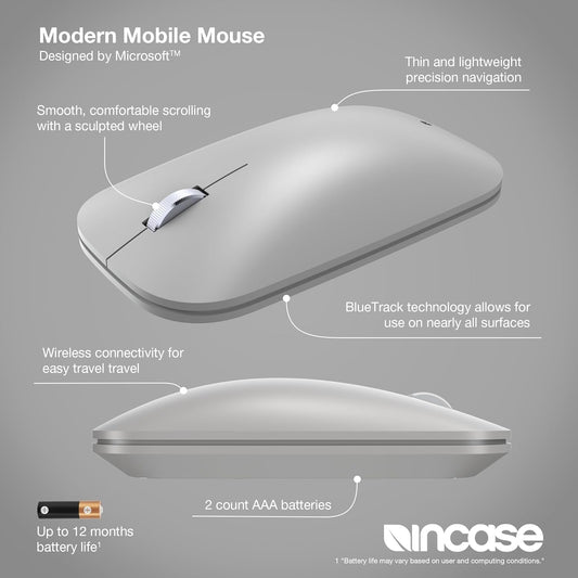Incase Modern Mobile Mouse – Designed by Microsoft – Lightweight, Precision Navigation, Right/Left Hand Use, Scroll Wheel, BlueTrack Technology, Wireless Bluetooth for Mac/Windows/8/10/11 (Platinum)