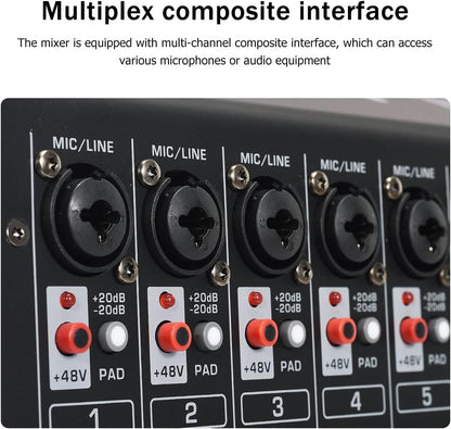 W IN-MIX DX8 Professional DJ Audio Mixer 8 Channel with 99 DSP Effects,7-band EQ,Independent 48V Phantom Power&Mute Button,Bluetooth Function,USB Interface Recording For Studio