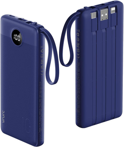 VRURC Portable Charger Power Bank, 10000mAh Travel Essentials, 5 Outputs 2 Inputs Slim Battery Pack Built-in Cables Cords Compatible with iPhone,Samsung,Android-Navy Blue(1 Pack)
