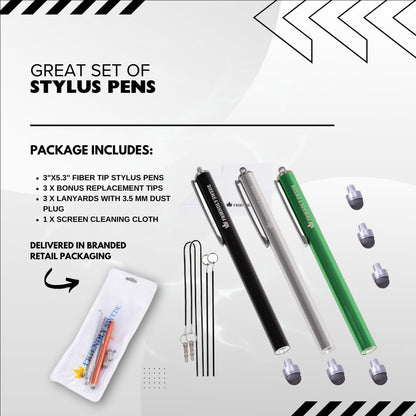 The Friendly Swede Mesh Tip Stylus Pen for Touchscreen — 3-Pack Micro-Knit Capacitive Stylus Pen for iPad & iPhone with 3 Replaceable Fiber Tips, Elastic Lanyards & Screen Cleaning Cloth