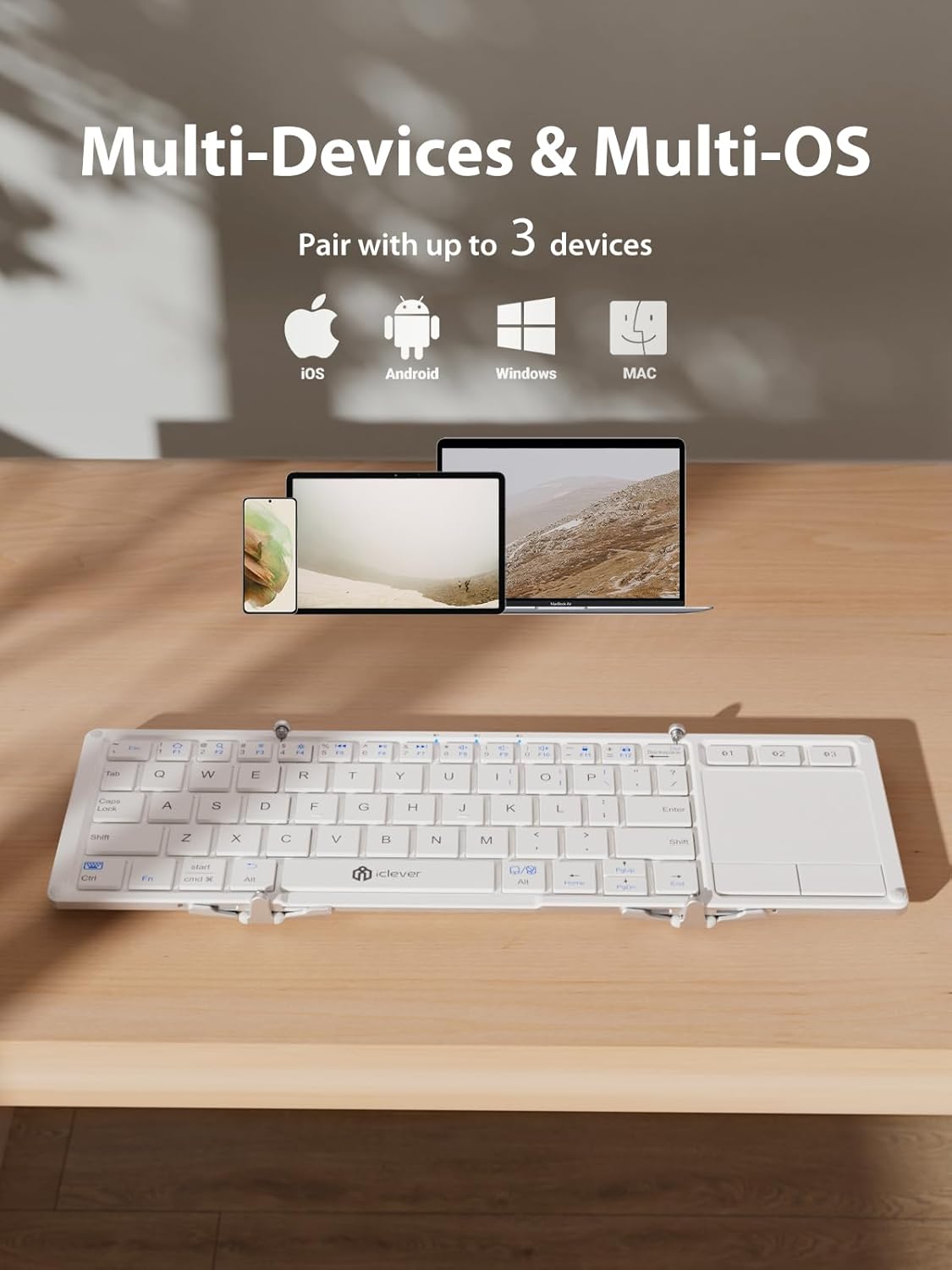 iClever Bluetooth Keyboard with Touchpad, Foldable Keyboard, Metal Body, Gesture Support, USB-C Charge, Pocket-Size Wireless for Travel, iPad, iPhone, Android, Windows, Silver White
