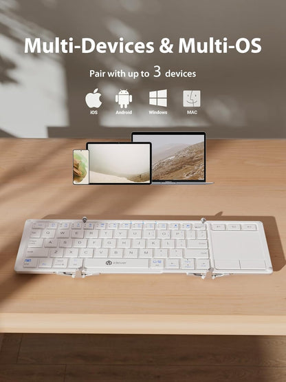 iClever Bluetooth Keyboard with Touchpad, Foldable Keyboard, Metal Body, Gesture Support, USB-C Charge, Pocket-Size Wireless for Travel, iPad, iPhone, Android, Windows, Silver White