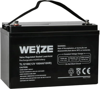 Weize Deep Cycle AGM 12 Volt 100Ah Battery, Maintenance-Free, 3% Self-Discharge Rate, 1150A Max Discharge Current, Perfect for RV, Solar, Trolling Motor, Wind, Marine, Camping and Off-Grid System