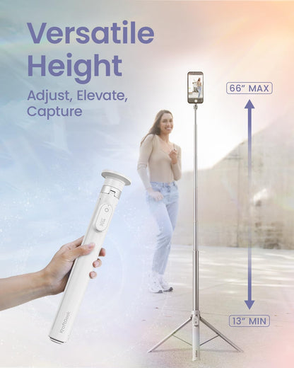 KraftGeek Magnetic Phone Tripod for iPhone MagSafe – 66'' Automatic Selfie Stick with Remote, Portable Tripod Stand for Video Recording, Travel, Vlogging (White)