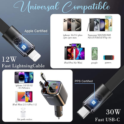 Retractable Car Charger, 4 in 1 Fast Charging USB-C & USB-A Compatible with iPhone 16/15/14/13/12/11 Pro Max, 69W Fast Car-Charger Cigarette Lighter Adapter for Galaxy, Pixel (Light-ning+USB-C) Grey