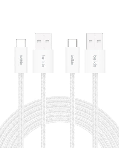 Belkin USB A to USB C Cable 2-Pack, 9.9ft, 15W - Type C Charger, iPhone Charger Cord, Soft, Braided, Flexible for iPhone 16 & 15, Galaxy S25, Pixel 9, iPad Pro, Airpods Pro, Switch & More - White