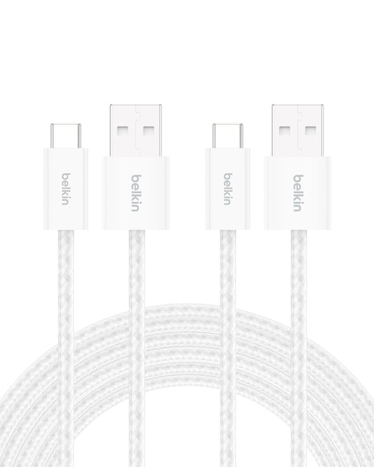 Belkin USB A to USB C Cable 2-Pack, 9.9ft, 15W - Type C Charger, iPhone Charger Cord, Soft, Braided, Flexible for iPhone 16 & 15, Galaxy S25, Pixel 9, iPad Pro, Airpods Pro, Switch & More - White