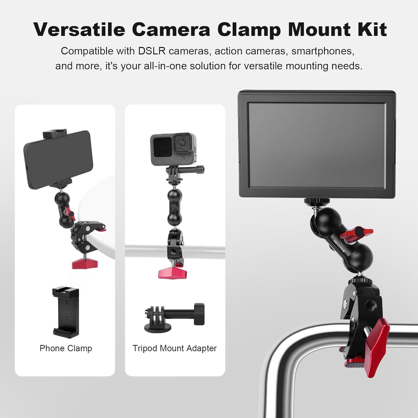 Super Clamp with Dual Ballhead Magic Arm, Aluminum Camera Clamp Mount Kit for DSLR Action Camera/Phone/Monitor/Video Light/Microphone, Camera Mount for Tripod/Desk/Tube (SY006)