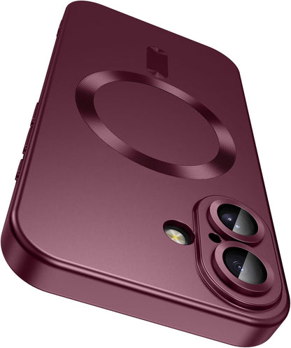 Magnetic for iPhone 16 Case [Compatible with MagSafe][Built-in Camera Lens Protector] Slim Soft Silicone Bumper Shockproof Metallic Luster Phone Case (Burgundy)