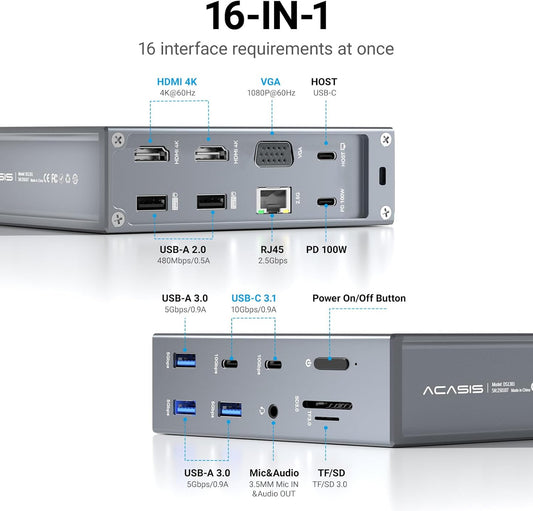 ACASIS USB C Docking Station Dual Monitor, 16-in-1 Laptpop Docking Station with 2* HDMI,VGA,2.5G Ethernet,SD/TF10Gbps USB-C 3.1,3.5mm Audio,PD100W,USBC Hub for MacBook/Dell/Lenovo/HP/ThinkPad (Sliver)