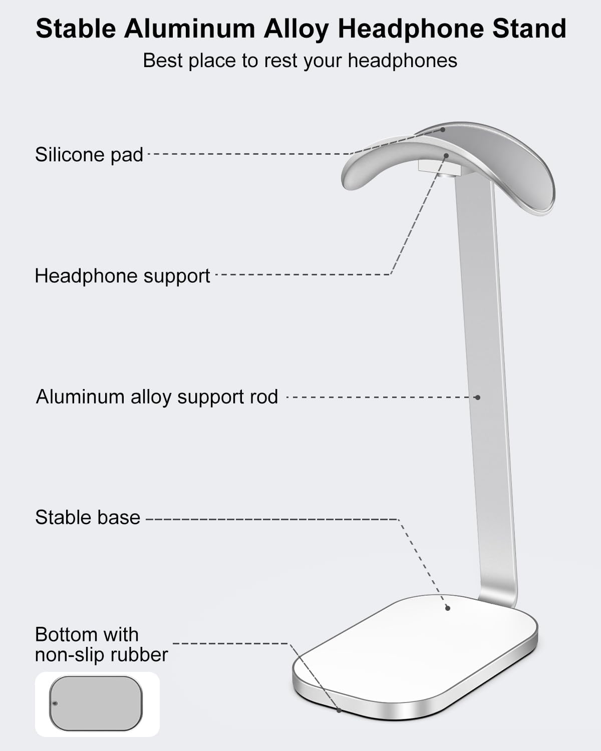 VICHYIE Headphone Stand for AirPods Max, Headset Holder with Aluminum Supporting Rod, Heavy Base Desk Stand Headphones Support Accessory for All Headphones - Silver White