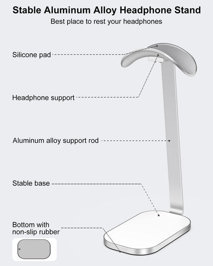VICHYIE Headphone Stand for AirPods Max, Headset Holder with Aluminum Supporting Rod, Heavy Base Desk Stand Headphones Support Accessory for All Headphones - Silver White