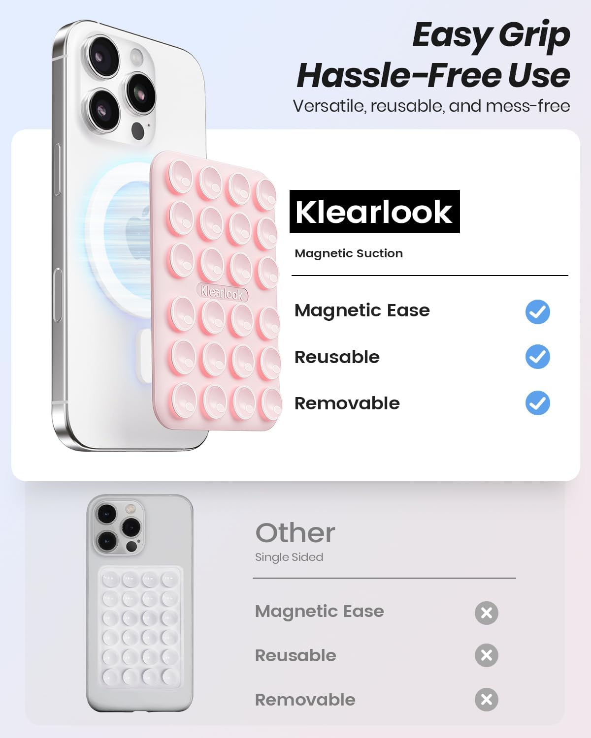 Klearlook 2Pack Magnetic Suction Phone Mount for MagSafe Case, Sticky Phone Grip Holder for iPhone, Removable Hands-Free Selfie/Video for TikTok Influencers, Women Girl Gift, Light Pink & Light Pink