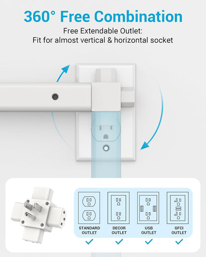 Outlet Extender Stick | Free Combination | USB-A, USB-C Port, 2 AC Outlets, Extend 9” to 36”, 360° Combine| Plug Extender | Put Behind Nightstands, Sofa, Bed, Cabinet etc.