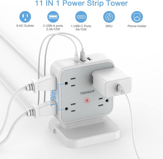 Power Strip Tower Surge Protector, TESSAN 8 AC Outlets with 3 USB (1 USB C Port), 5 FT Flat Plug Extension Cord with 900 Joules Protection, Desk Charging Station for Home Office Supplies, Dorm Room