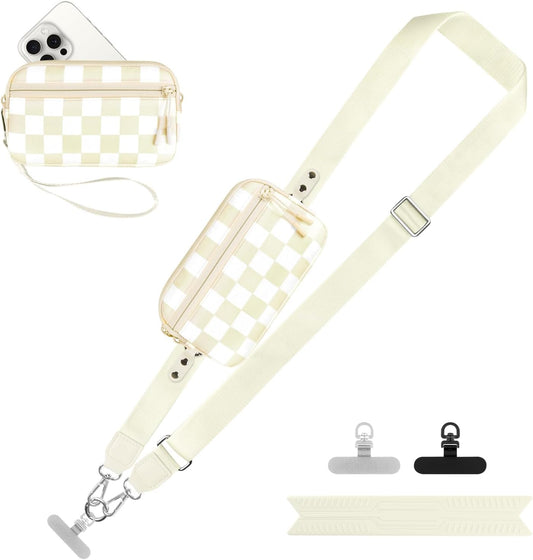 Clip and Go Strap for Phone with Wallet Crossbody, Adjustable Phone Lanyard with Detachable RFID Wristlet Wallet, Phone Strap with Phone Tabs for All Phones, Cream Checkered (L)