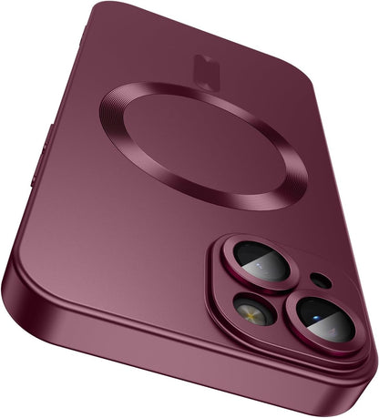 Magnetic for iPhone 14 Case [Compatible with MagSafe][Built-in Camera Lens Protector] Slim Soft Silicone Bumper Shockproof Metallic Luster Phone Case (Burgundy)