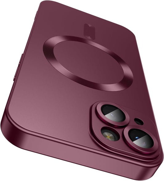 Magnetic for iPhone 13 Case [Compatible with MagSafe][Built-in Camera Lens Protector] Slim Soft Silicone Bumper Shockproof Metallic Luster Phone Case (Burgundy)