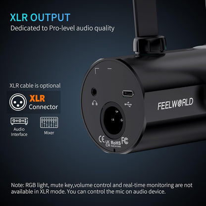 FEELWORLD PM1 XLR USB Dynamic Microphone Gifts for Podcast Recording PC Computer Gaming Live Streaming Vocal Voice-Over, Studio Metal Mic with Voice-Isolating, RGB Light, Mute Button, Headphones Jack