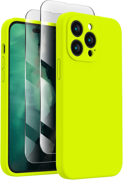 FireNova for iPhone 14 Pro Case, Silicone Upgraded [Camera Protection] Phone Case with [2 Screen Protectors], Soft Anti-Scratch Microfiber Lining Inside, 6.1 inch,Fluorescent Green