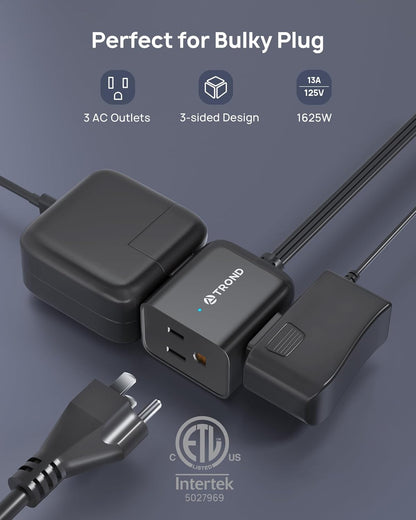 TROND 360° Rotating Flat Plug Extension Cord 6ft, Low Profile Small Power Strip, 3 Side Grounded Outlet, 13A, SPT 16/3 Gauge Cable for Indoor Home Office Kitchen Cruise Travel Essentials, Black