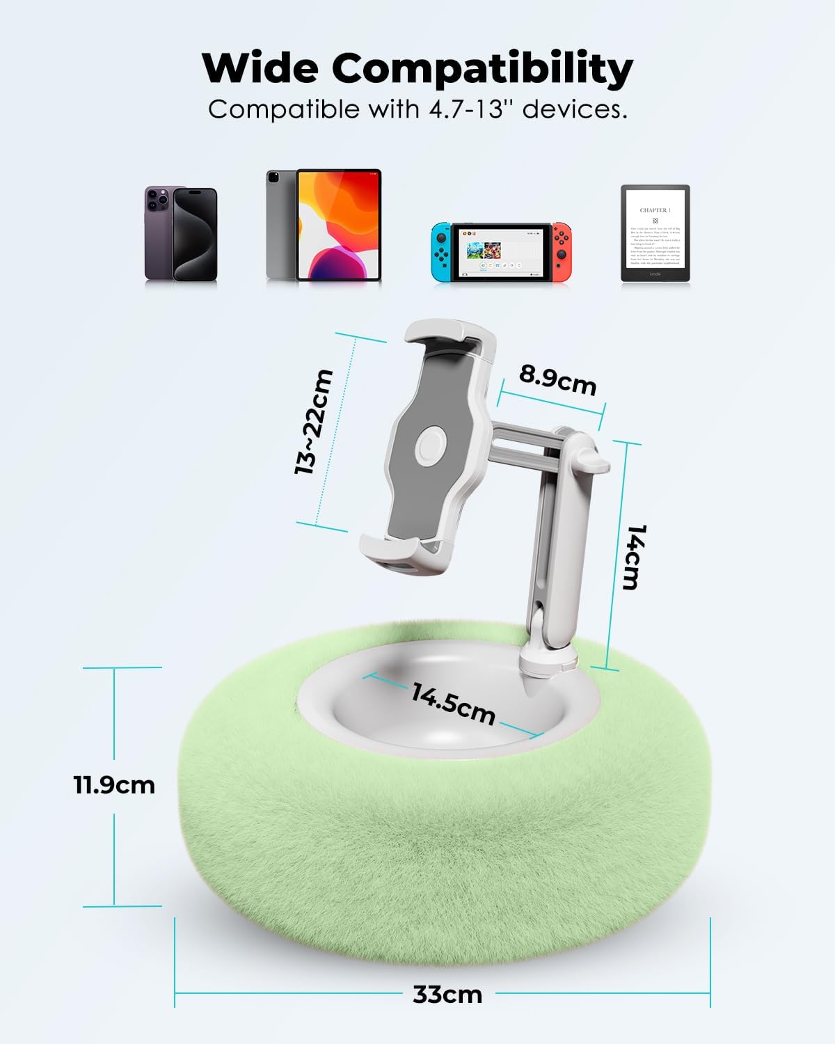 Viozon Tablet Stand Pillow, Compatible with 4.7"-13" Phone/Tablet, iPad, iPhone, Samsung, Google, Kindle, 360°Adjustable Phone Holder for Bed with Soft Plush Fabric, and Detachable Bowl, Green