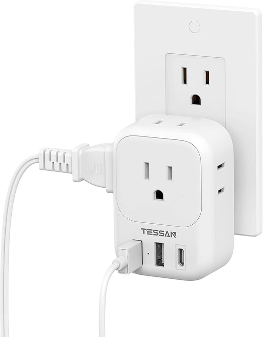 USB Wall Charger, TESSAN Wall Plug Adapter Outlet Extender, 3 Charger Block (1 USB C Port), Multi Charging Station for Cruise, Bathroom, Office, Dorm Essentials, White