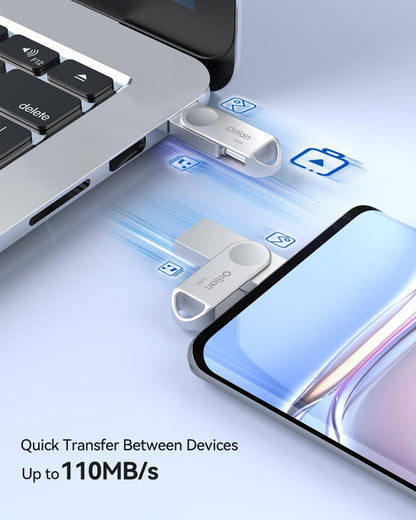 64GB USB C Flash Drive, Dual Drive USB 3.0 and Type C Thumb Drive Up to 110MB/s Read Metal Waterproof Swivel Design Portable for PC Laptop Tablet Android Smartphone iPhone 15 and More, Silver