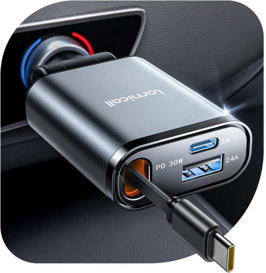 Lamicall Retractable Car Charger USB C Fast Charging [Ultra-Compact, 60% Less Space] 57W Type C Car Phone Charger fit iPhone 16 16e 15 Pro Max Plus Galaxy S25 S24 Ultra Pixel Android