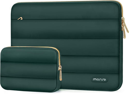 MOSISO 13.3 inch Laptop Case, 13-13.3 inch Puffy Laptop Sleeve Compatible with MacBook Air 13 13.6 M4 M3 M2 M1/Pro 13/Pro 14, HP Dell ASUS Lenovo,Polyester Horizontal Bag with Small Case,Peacock Green