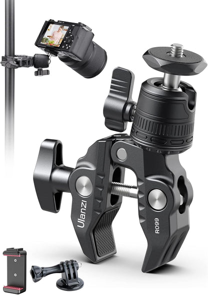 ULANZI R099 Super Clamp Camera Mount - Heavy Duty 3.3lb Load Metal Clamp with 360° Ball Head for Action Cameras (GoPro/Insta360/DJI), DSLR, Bike/Motorcycle Handlebar, Pole/Tube Mount Accessories
