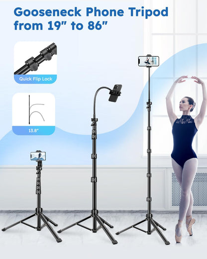 86" Tripod for iPhone, Stable & Tall Phone Tripod with Remote and Flexible Gooseneck for Video Recording/Watching/Cooking/Fitness/Vlogging