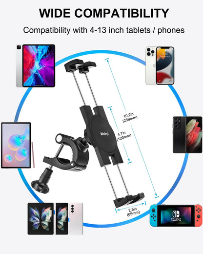 woleyi Spin Bike Tablet Holder - Treadmill Tablet Mount Handlebar Clamp for Indoor Bike Peloton, Stationary Exercise Bicycle Clip for 4.7-13" Tablets iPad Pro, Air, Mini, Galaxy Tab, Fire HD, iPhone