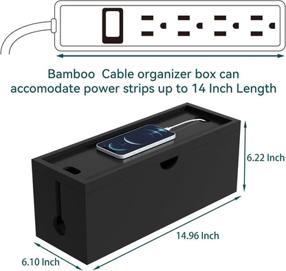 Bamboo Cable Management Box, Large Cord Organizer Box Cable Box to Hide Wires & Power Strips for Desktop Storage Cord Holder for Office Home,No Assembley Required (All Black, Large)