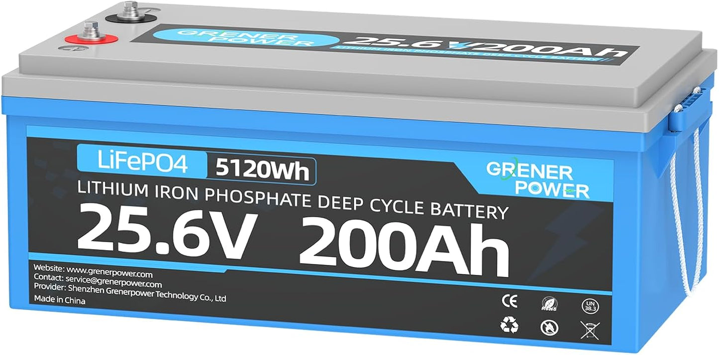 25.6V 200Ah LiFePO4 Battery with 100A BMS, Max. 5120Wh Energy, 4000-15000 Deep Cycles Lithium Battery, 10-Year Lifespan, Perfect for RV, Trolling Motor, Solar Off-Grid Storage, Home System