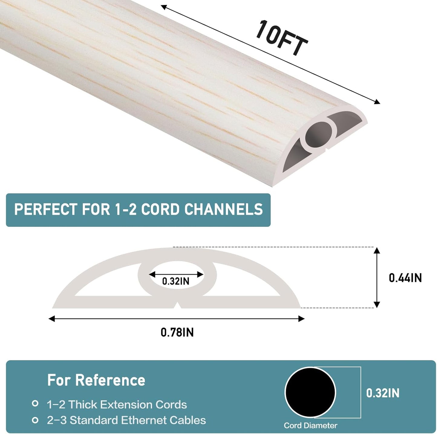 Floor Cord Cover Self Adhesive Cord Hider Floor Extension Cord Covers for Floor Power Cord Protector Cable Management Prevent Cable Trips Cable Cavity 0.32" W x 0.32" H (Beige Wood, 10Ft)