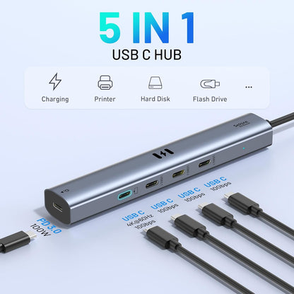 10Gbps USB C Hub with 4K@60Hz Video Display, Selore 5 Ports USB C Splitter, C Port Data Transfer, 100W PD-in Charging, Dongle Multiport Adapter for MacBook Pro, iPad, Dell, HP, and More