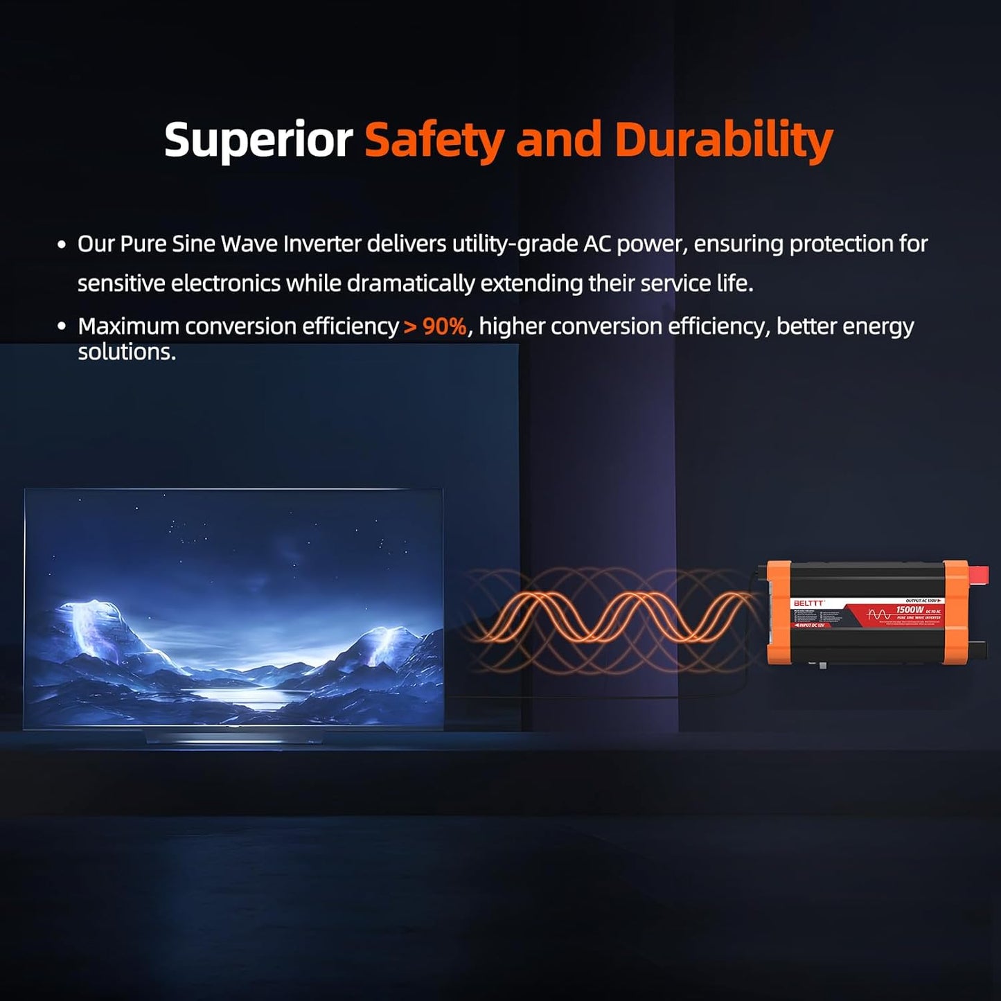 BELTTT 1500W Pure Sine Wave Inverter 12V to 120V AC, Car Power Inverter 12V to 110V Converter for RV, Truck, Solar, Off-Grid with Dual AC Socket, 5V 2.1A USB, Surge 3000W, Smart LCD Display