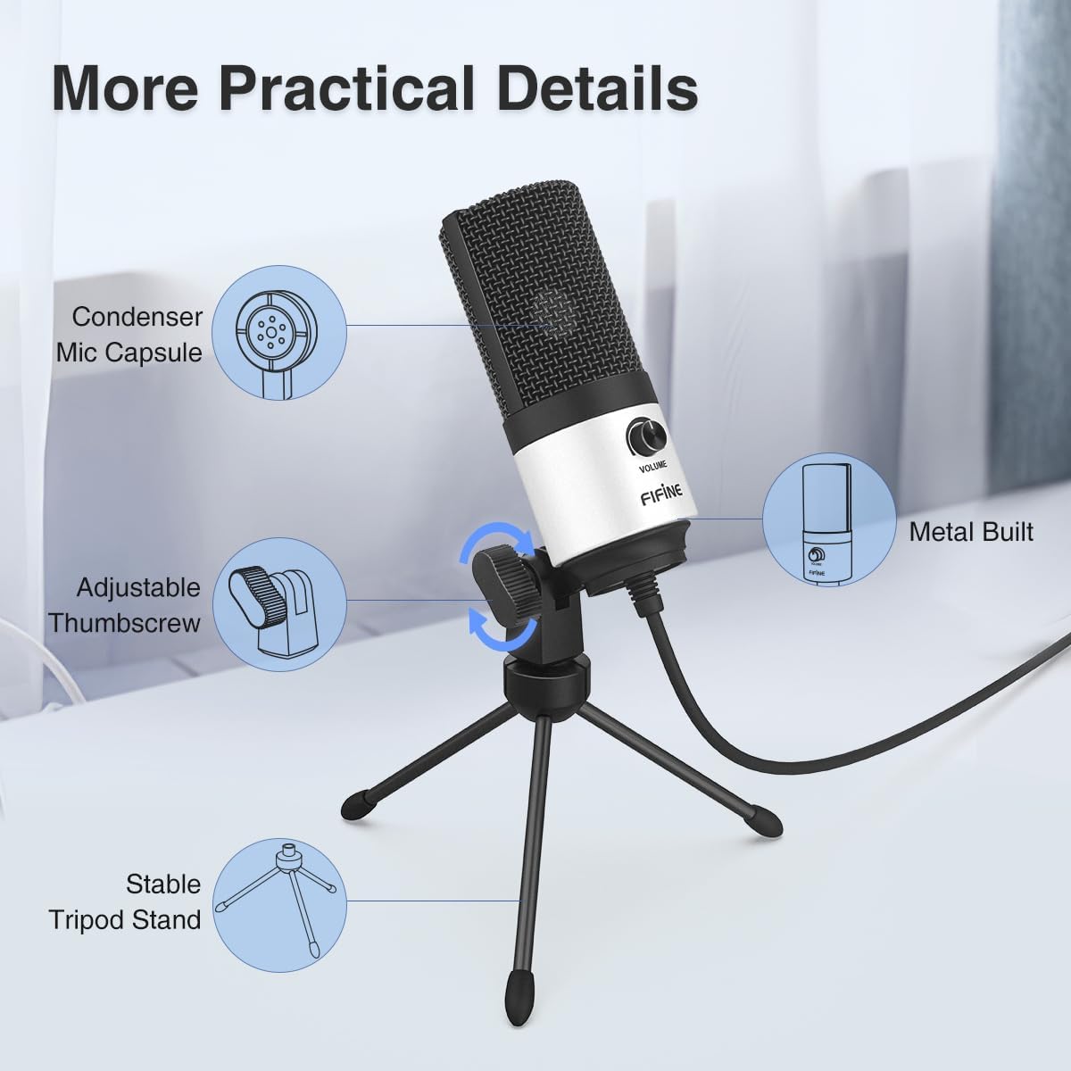 FIFINE USB Podcast Microphone,PC Computer Recording Mic for Desktop Laptop,Studio Condenser Microphone with Volume Knob for Voice-Over, Vocals, Online Meeting, YouTube-K669W